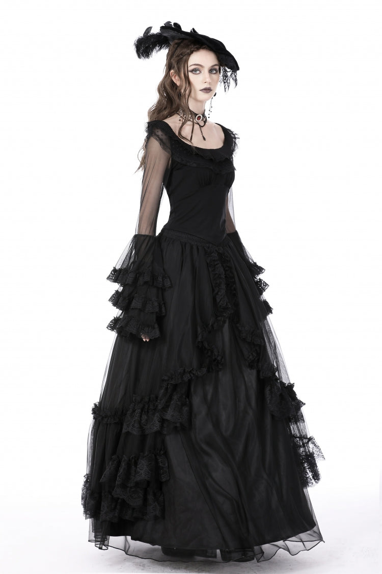 Gothic Women's Top with Trumpet Sleeves and Ruffles, Black