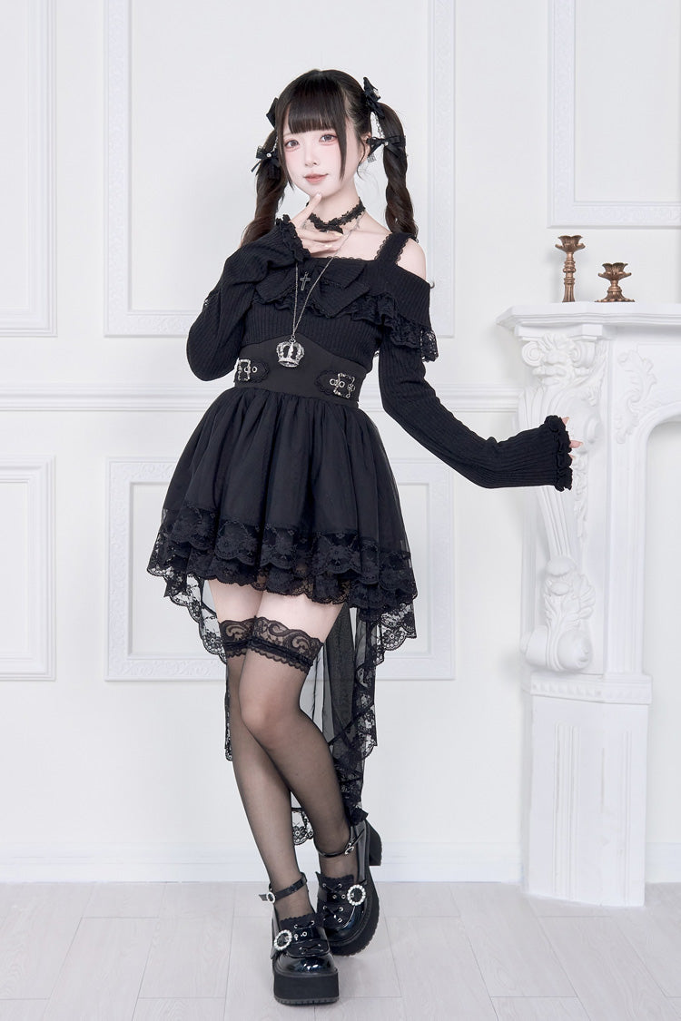 Faux Two Piece Off Shoulder Ruffle Bowknot Lace Gothic Jirai Dress in Two Shades