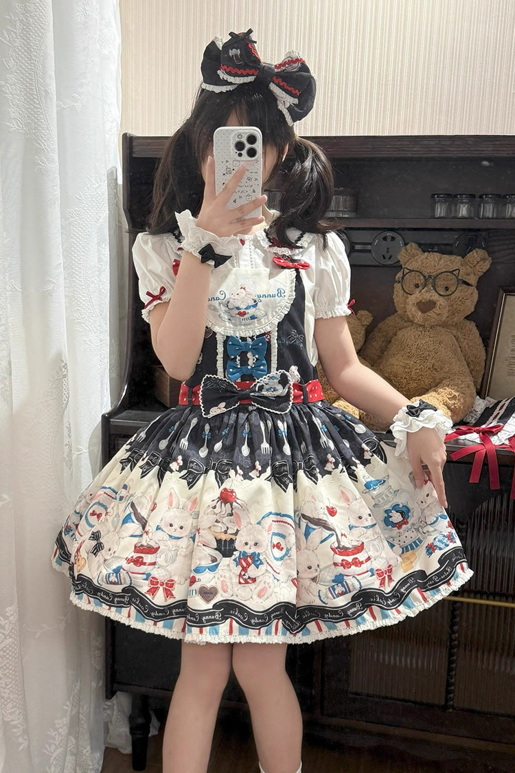 Sleeveless Print Bowknot Lace Sweet Lolita Strap Dress Black