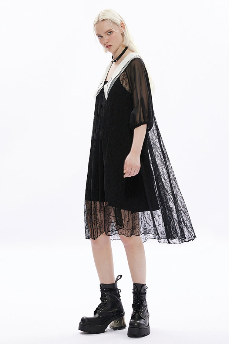 Jet-Black Loose Gothic Dress with Cross Embroidery and Puffed Sleeves