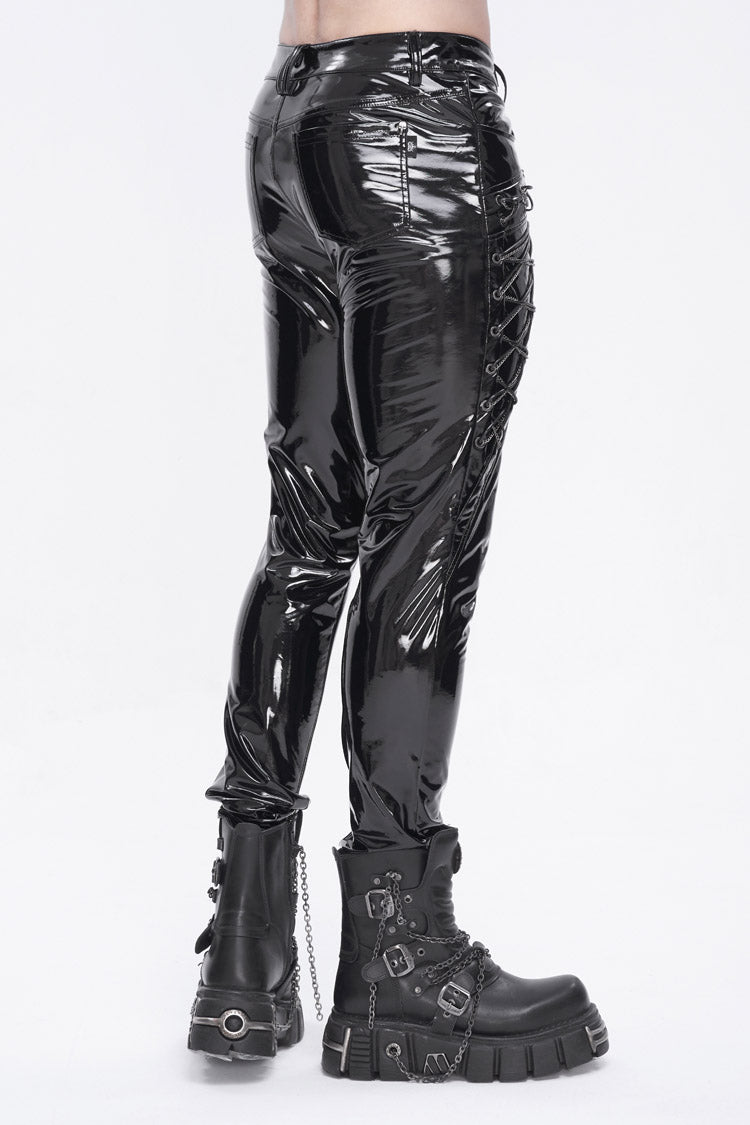 Punk Patent Faux Leather Lace-Up Trousers for Men