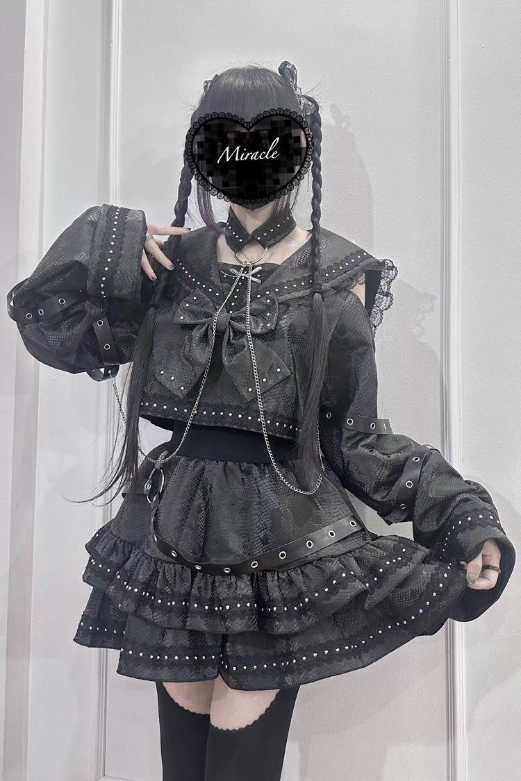 Serpent Navy Collar Snake Printed Studded Gothic Skirt Set