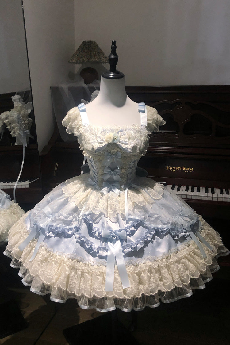 Dreaming Butterfly Blue Multi-Layered Jacquard Ruffle Bowknot Lace Sweet Princess JSK Dress