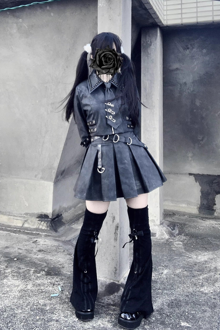 Eternal Night Lapel Collar Studded Eyelet Gothic Handsome Top Skirt Set
