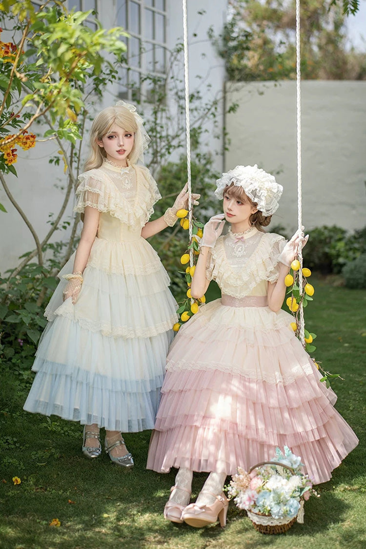 Sweet Lolita Dress with Edwardian Collar and Ombre Ruffles - Blue