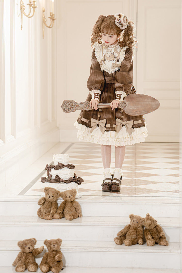 Chocolate Cat Print Long Sleeve Ruffle Bow Sweet Dress