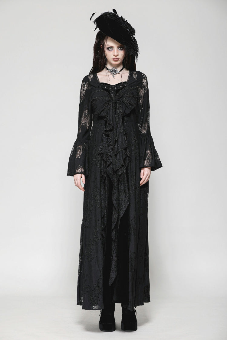 Jet-Black Elegant Robe with Lace Trim and Lacing for Women