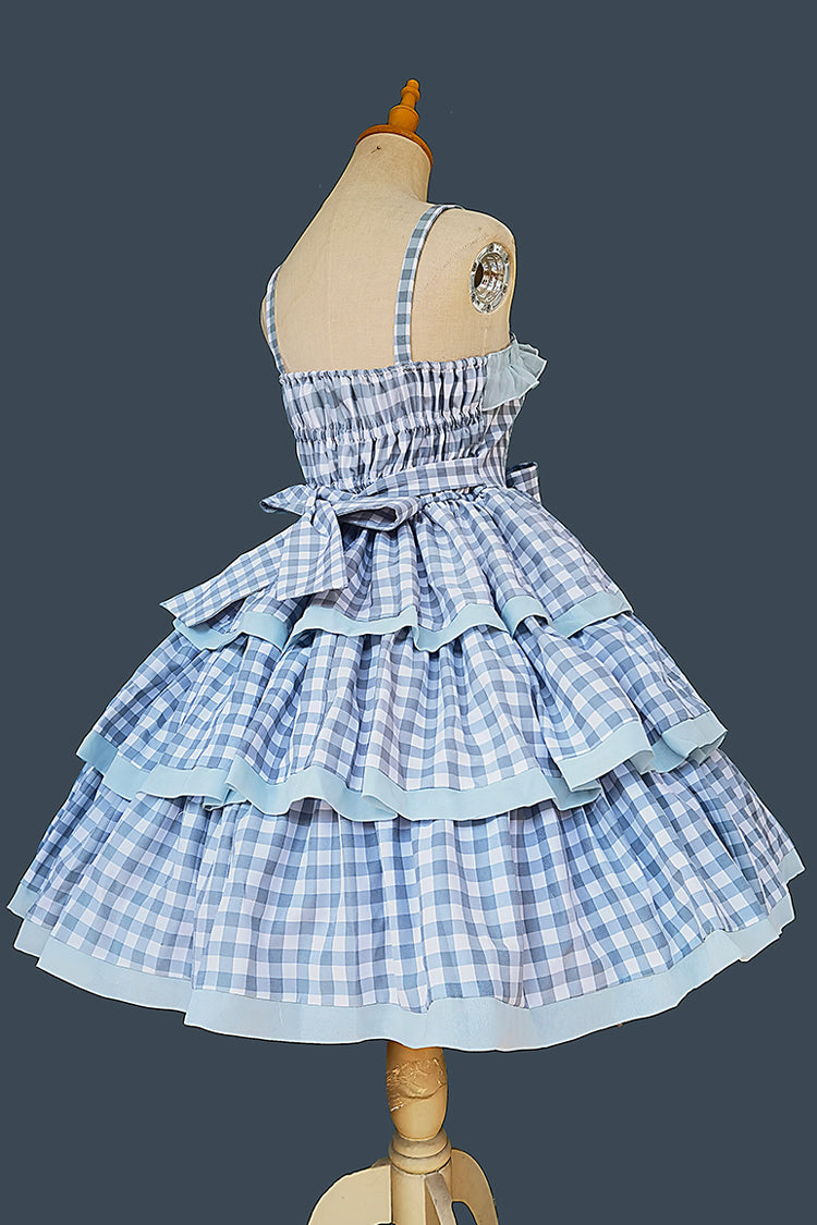 Blue Triple-Layered Plaid Ruffle Bow Sweet Lolita Dress