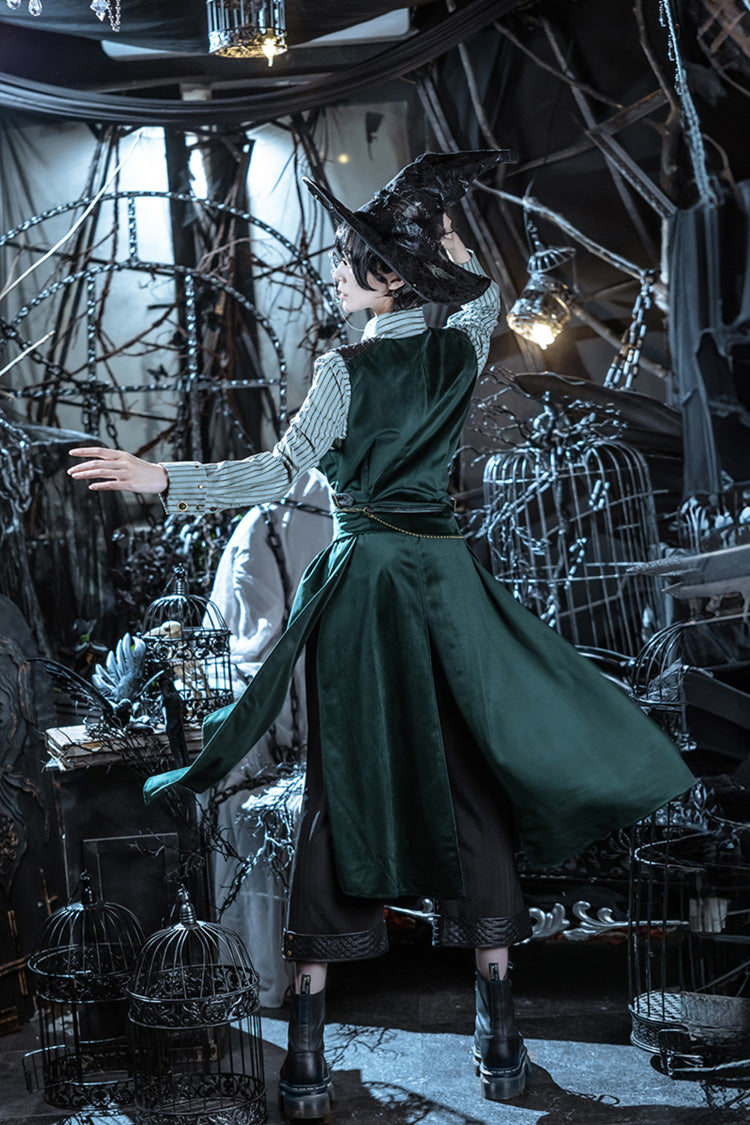 Emerald Striped Slim-Fit Ouji Prince Blouse with Studded Long Sleeves