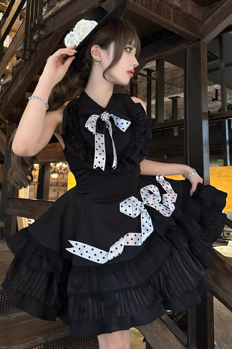Polka Dot Gothic Lolita Dress with Bow and Ruffles, Black