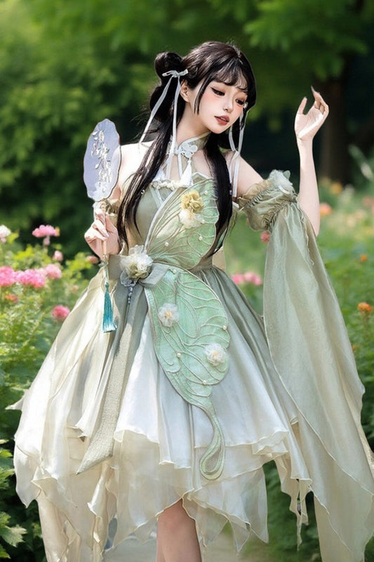 Green Chinese Style Halterneck Bowknot Lace Irregular Sweet Jsk Dress