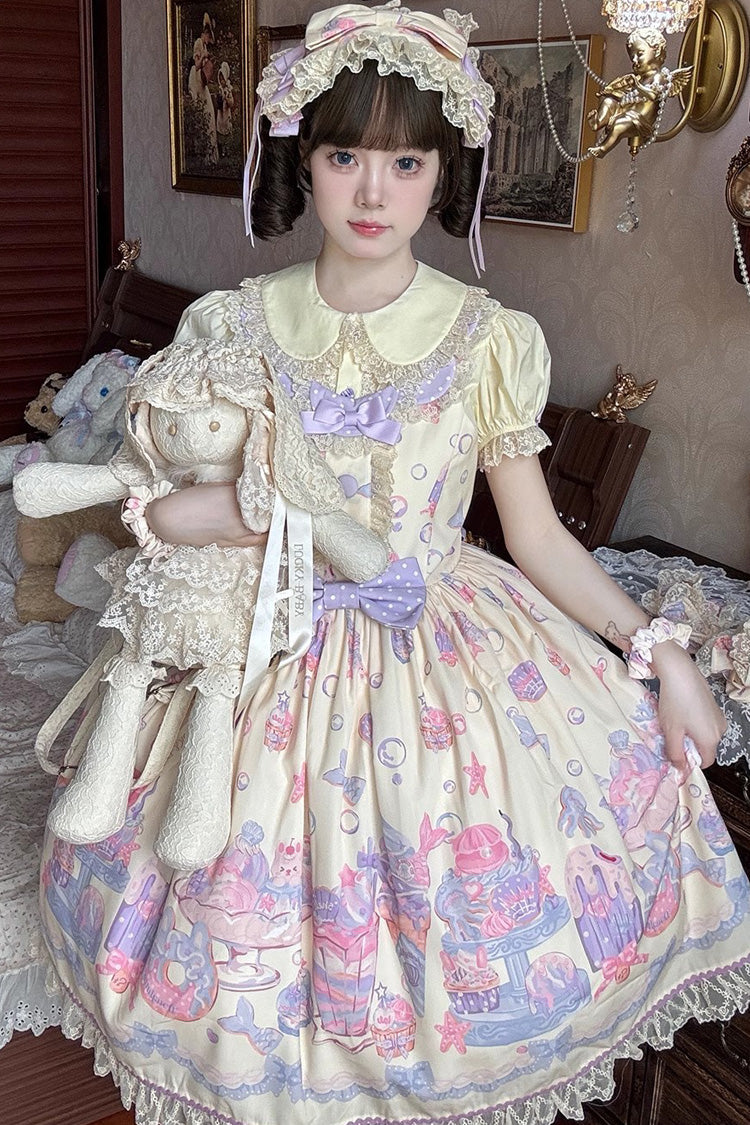 Cream Soda Mermaid Print Yellow Bow Lace Sweet Lolita Jsk Dress