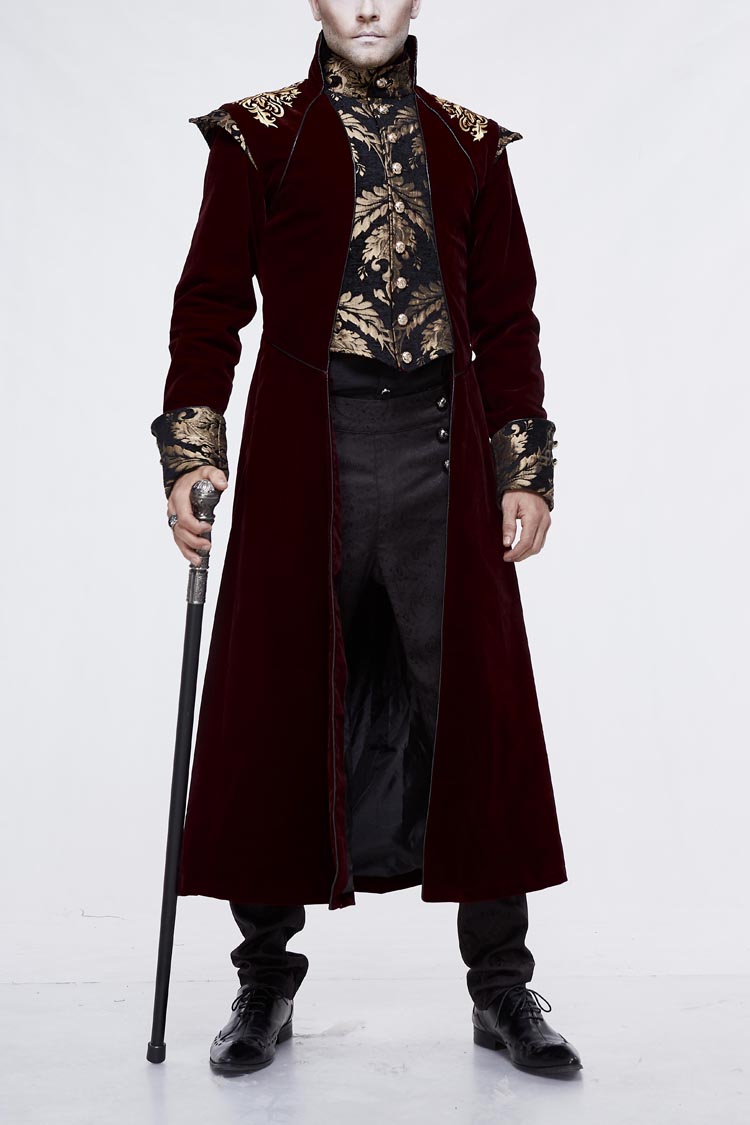Crimson & Noir Faded Gold Button Fleece Longline Gothic Jacket for Men