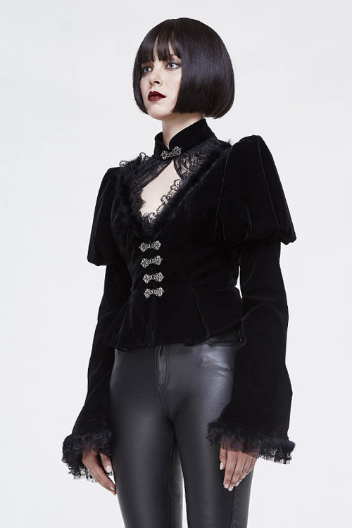 Small Stand Collar Flared Princess Sleeve Black Velveteen Short Womens Gothic Jacket