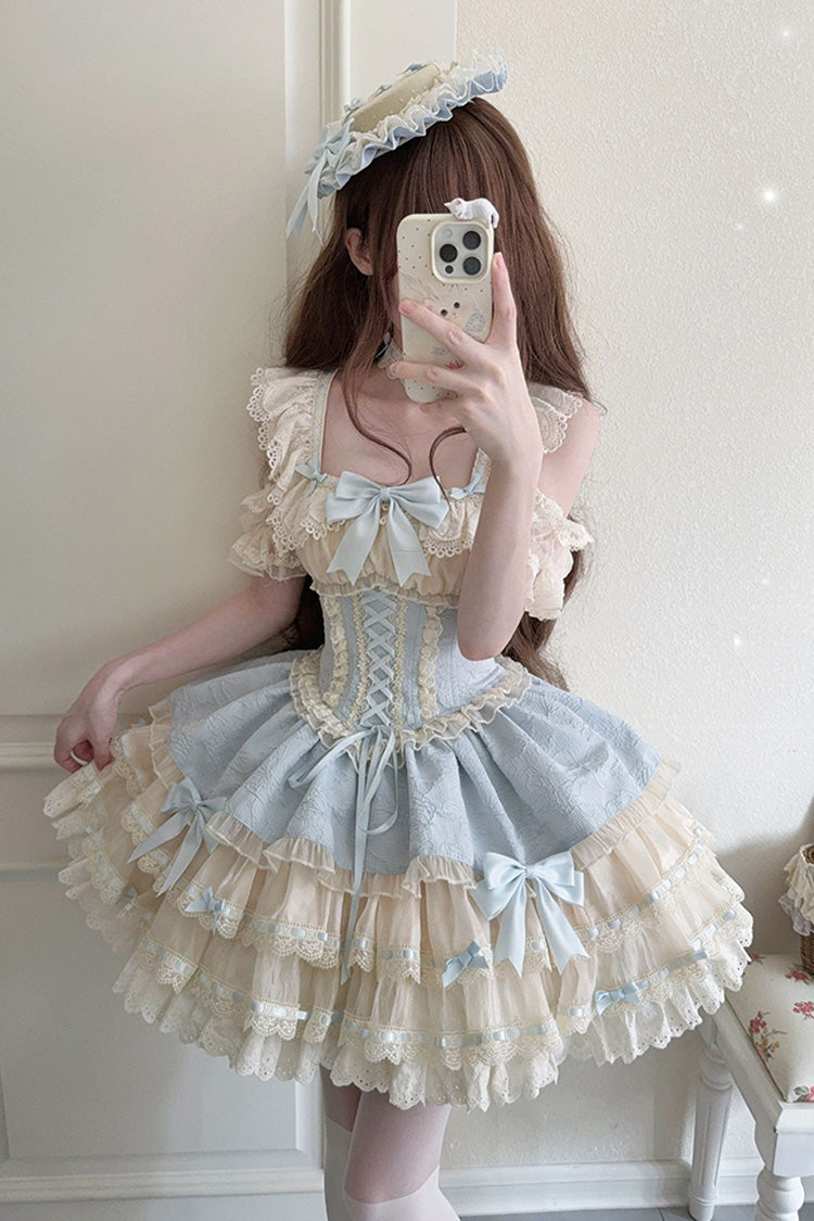 Blue Double-Layered Ruffled Bow Lace-Up Sweet Ballet JSK - Flory Butterfly