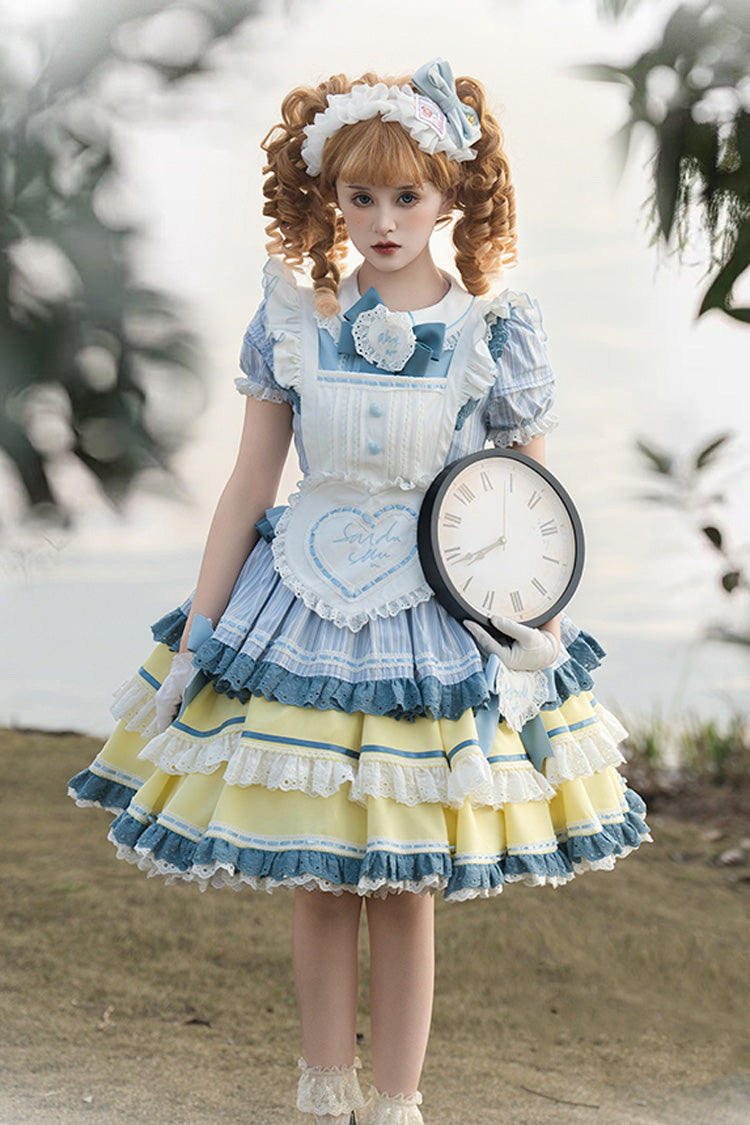 Blue/Yellow Short Sleeves Triple-Layer Ruffle Ribbon Lace Girly Japanese Lolita Dress