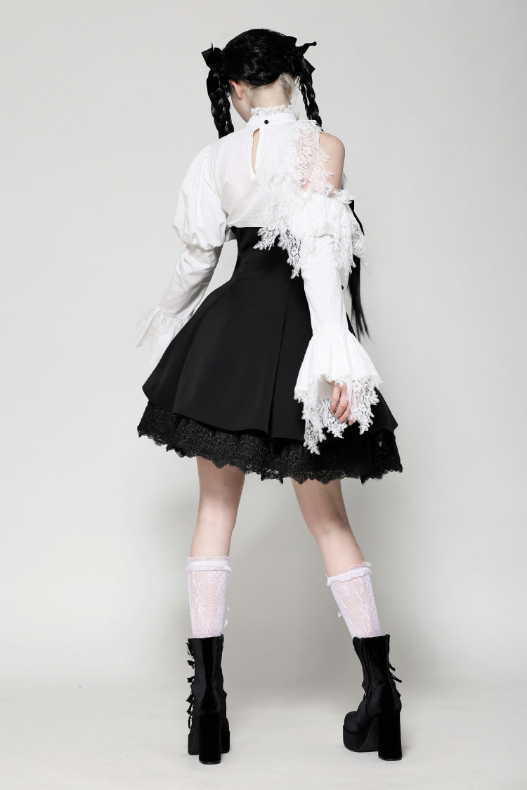 Lace High Collar Asymmetric Long Trumpet Puff Sleeves Bowknot Gothic Short Dress