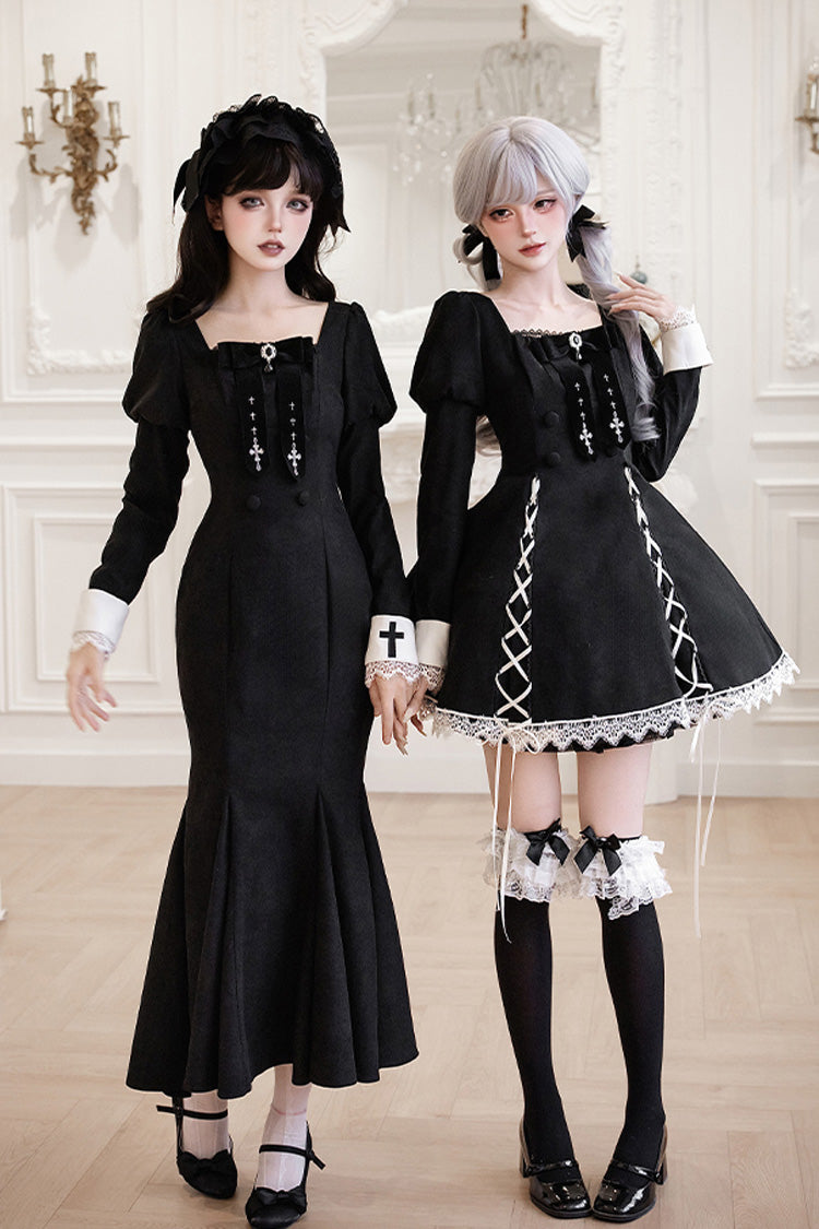 Rose Doll Square Collar Lace-Up Gothic Lolita Dress Set with Bow