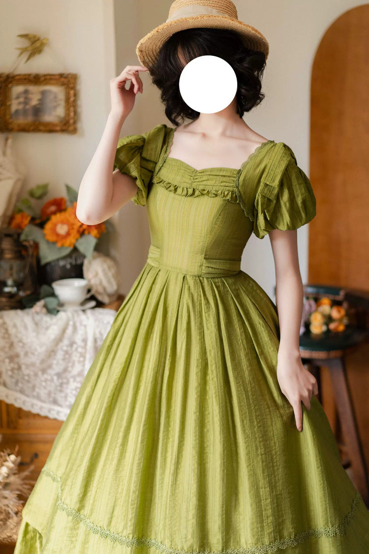 Square Collar Ruffled Bow Dress - Forest Gallery