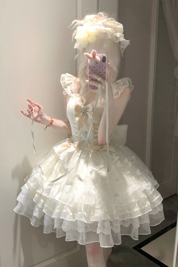 Cream First Love Multi-Layer Frilled Bow Lace-Up Elegant Princess Sweet Lolita JSK Dress