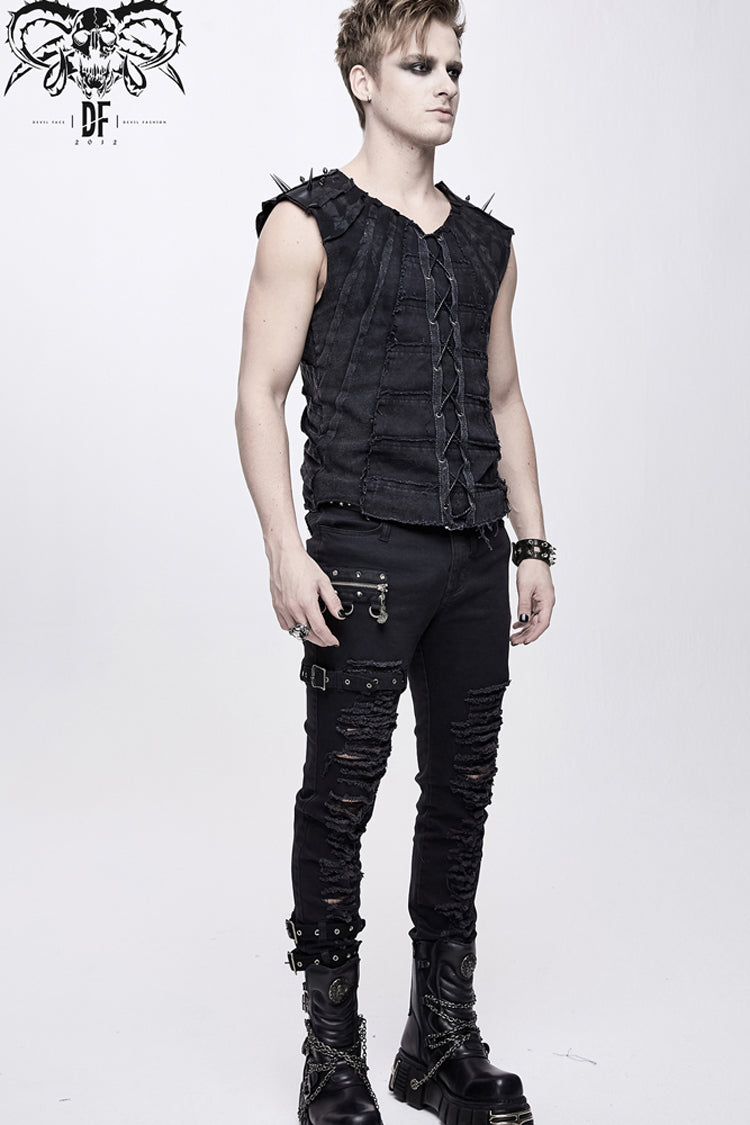 Patchwork Unedged Leather Long Nail Punk Vest