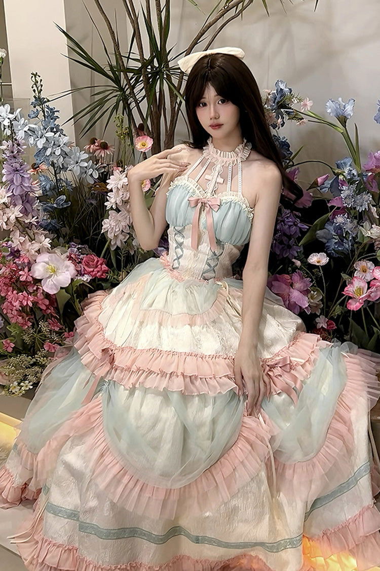 Multi-Color Mermaid Halterneck Lace-Up Sweet Lolita Dress - Ruffled Bowknot