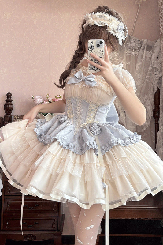 Triple-Layered Ballet Bow Lace-Up Sweet JSK Dress in Blue Ivory