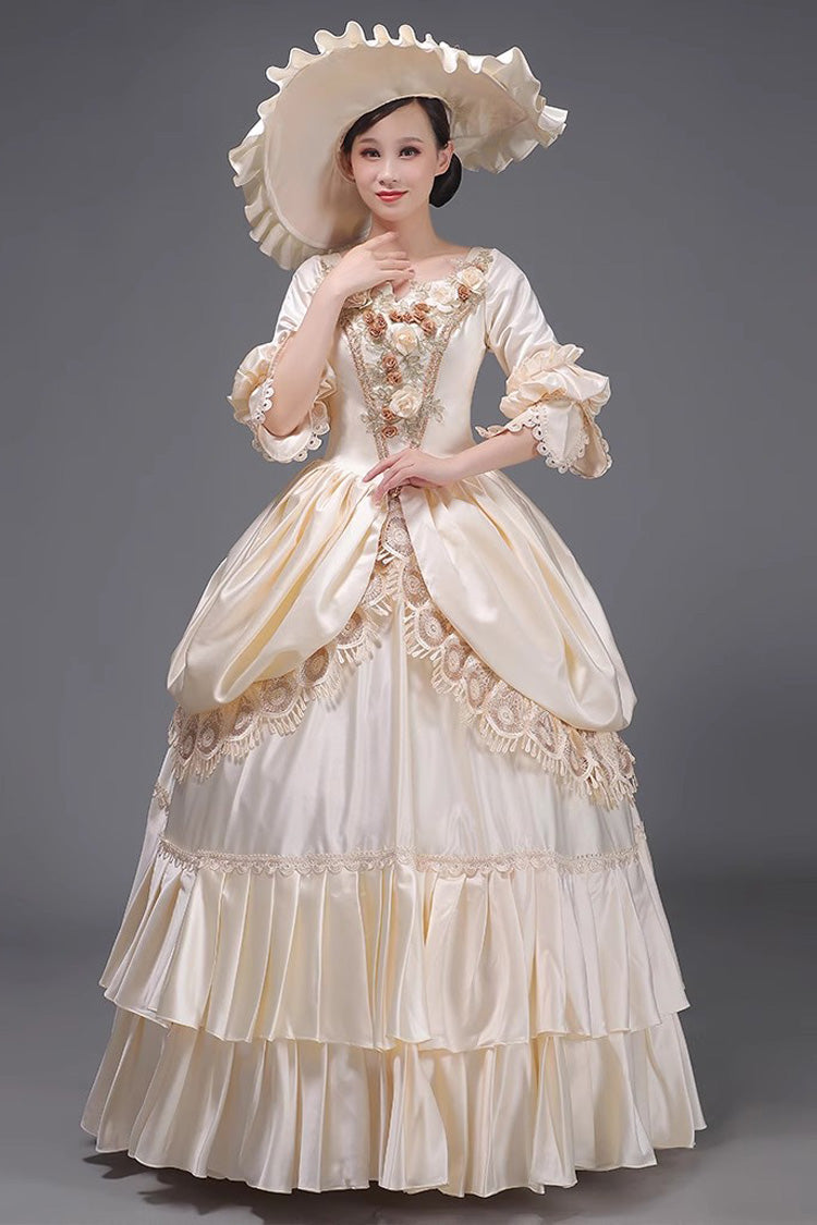 Champagne 3D Floral Multi-Layer Ruffled Victorian Dress - Sweet Vintage