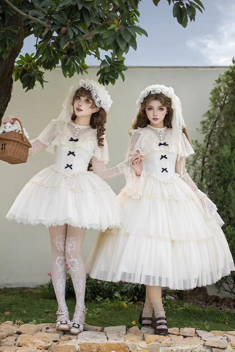 Elegant Sweet Lolita Dress with Edwardian Collar and Ruffled Bow - Ivory