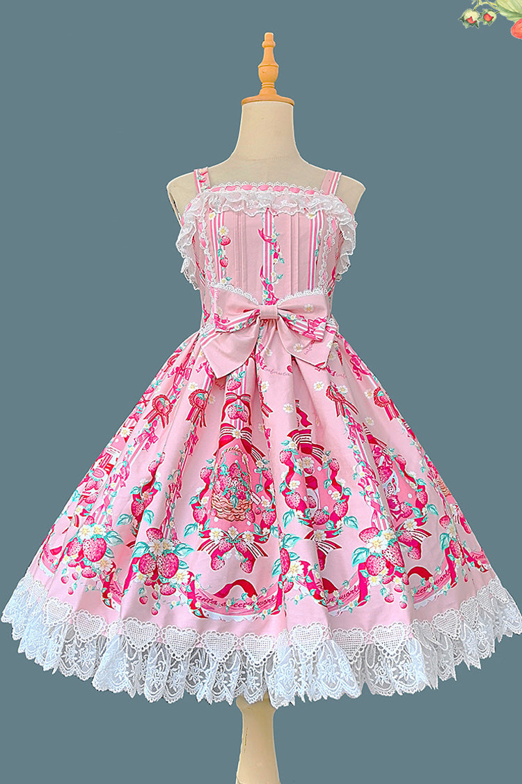 Sleeveless Bowknot Lace Sweet JSK with Print - Strawberry Chef