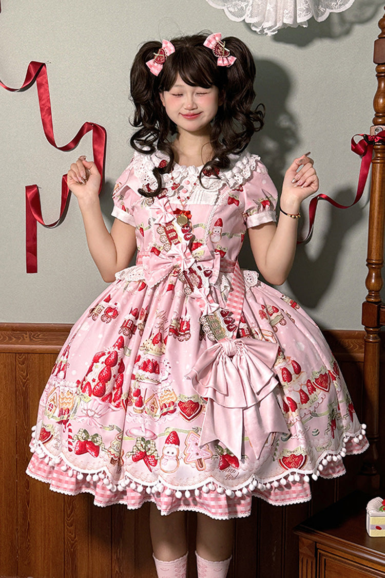 Mint Strawberry Dessert Printed Sweet Lolita Dress - Doll Collar Short Sleeved
