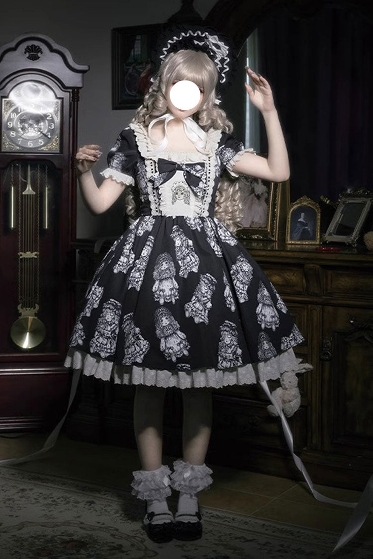 Gothic Doll Night Dress with Short Sleeves, Ruffles, and Bow