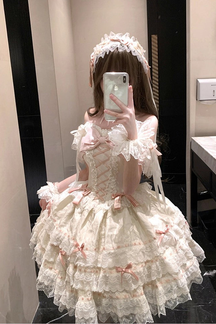 Apricot Sweet Elegant Lolita JSK Dress with Sleeveless Ruffles Bowknot Lace and Lace-Up