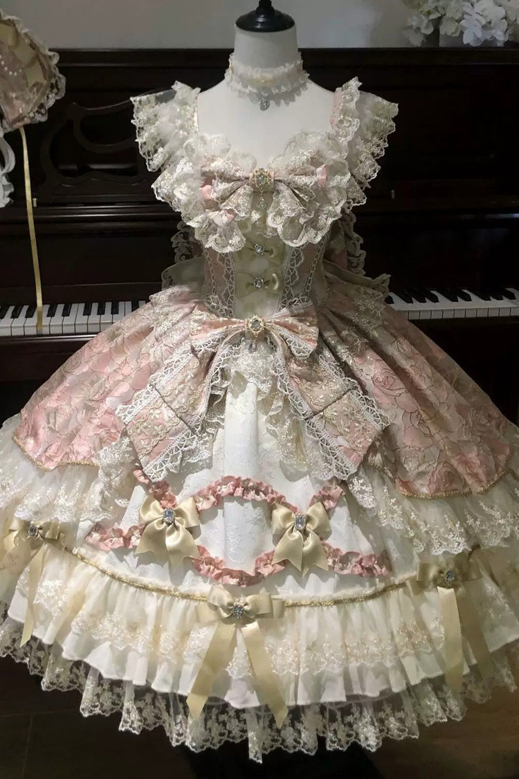 Gilded Waltz Square Collar Sleeveless Printed Embroidered Bow Lace Sweet JSK - Pink
