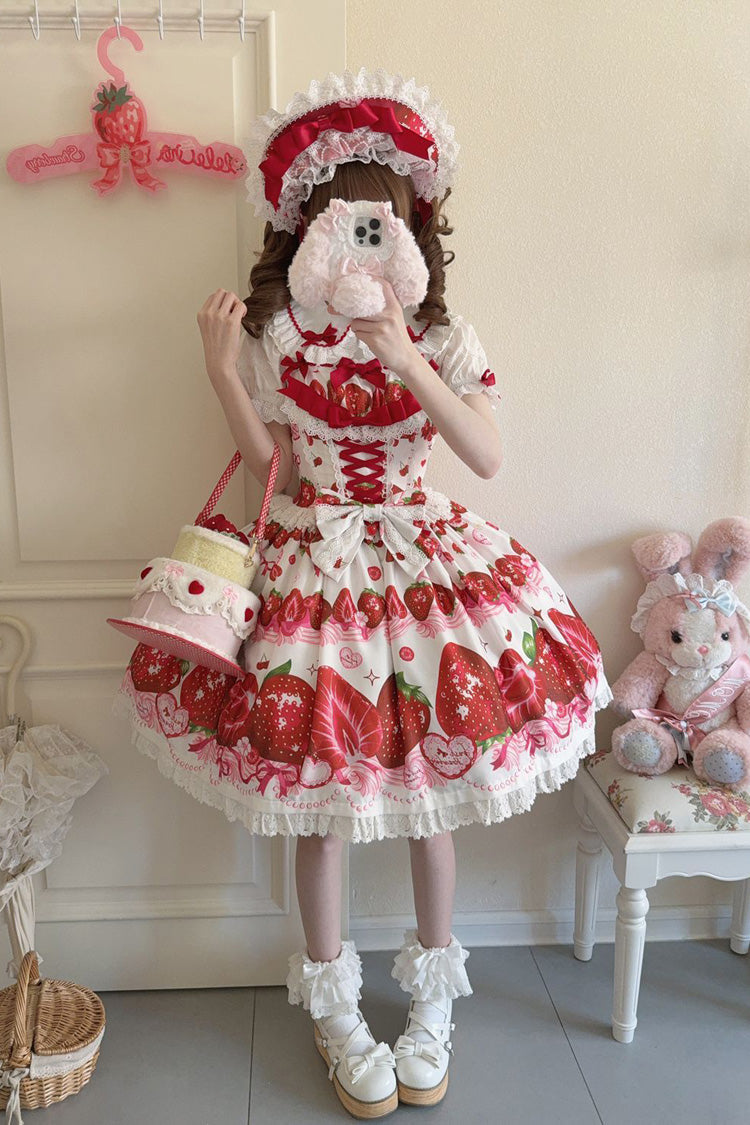 Strawberry Print Ruffled Bow Lace Sweet Lolita JSK
