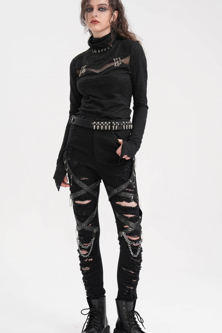 Punk Pants for Women with Ripped Mesh and Chain Detail