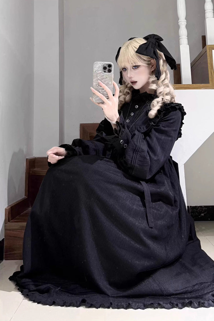 Black Gothic Nightgown with Ruffled Bow and Long Sleeves