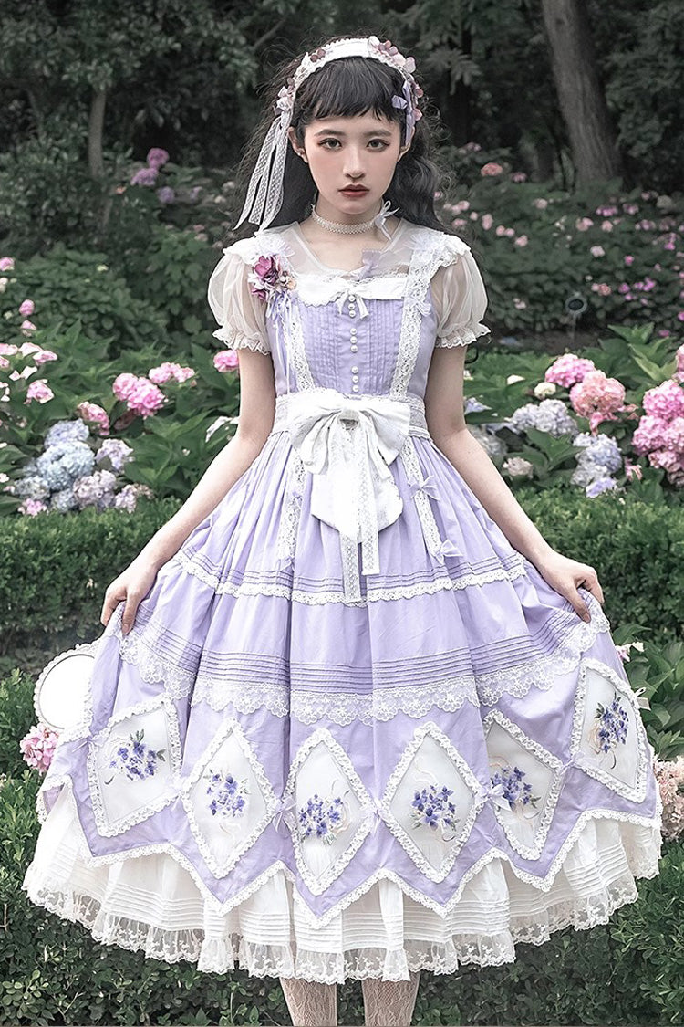 Heliotrope Print Ruffled Embroidered Bow Classic Vintage Gown