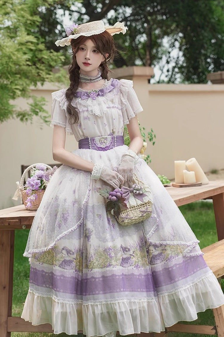 Ivory and Lavender Rabbit Vine Grape Print Short Sleeve Ribbon Lace Elegant Sweet Lolita Skirt Set