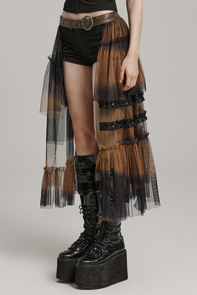 Steampunk Mesh Buckle Long Overskirt with Ruffles - Three Colors