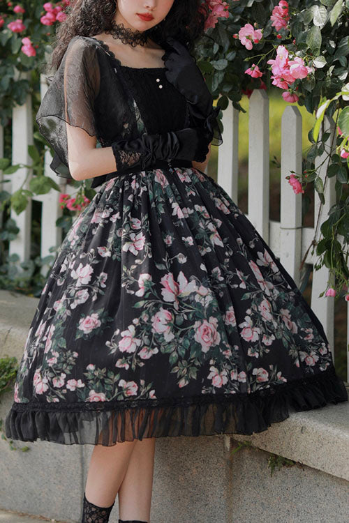 Black French Rose Print Square Collar Ruffled Classic Lolita OP Dress - Altfashion Shop