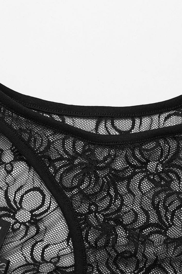 Sleeveless Lace Mesh Sheer Steampunk Bodysuit with Print