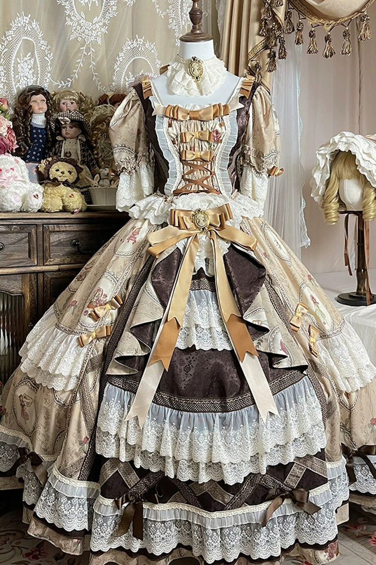 Baker Street Tea Party Short Sleeve High Waist Print Ruffle Embroidery Cardigan Bow Lace-Up Vintage Princess