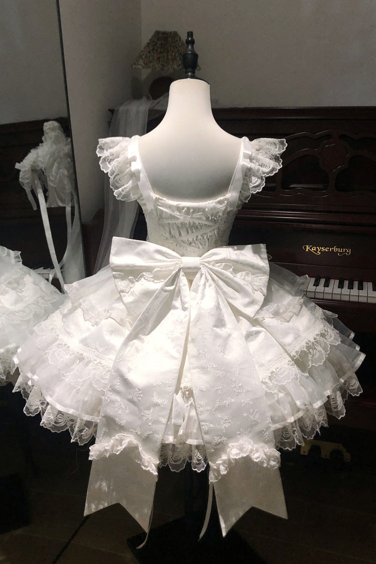 Ivory Sleeveless Ruffle Bow Lace Slim Sweet Ballet JSK