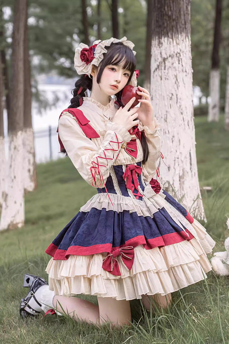 Snow White Multi-Color Triple-Layer Ruffle Bow Sweet Lolita Dress with Shirt