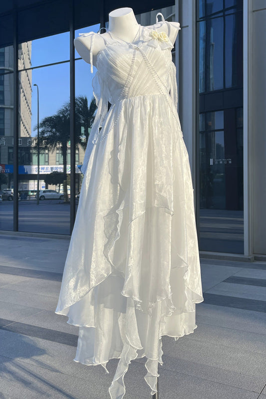 White Asymmetric Sweet Lolita JSK Dress with Chiffon and Bowknot Backless Style