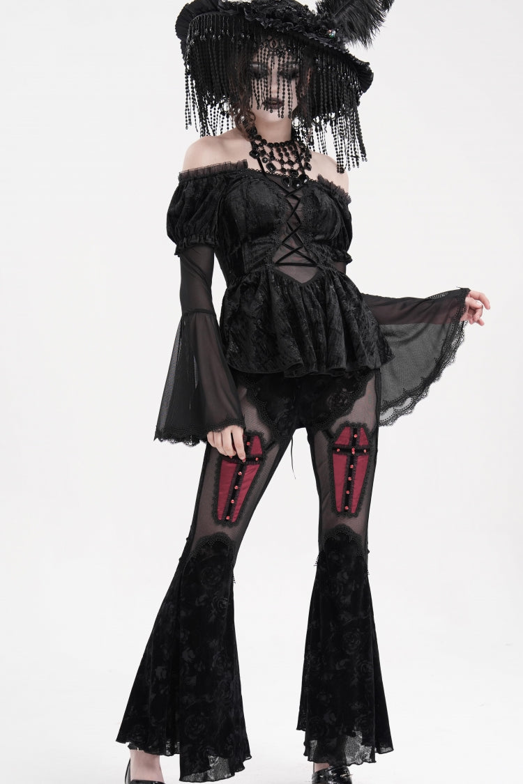 Sheer Black Hollow Lace-Up Mesh Long Sleeve Halter Gothic Blouse