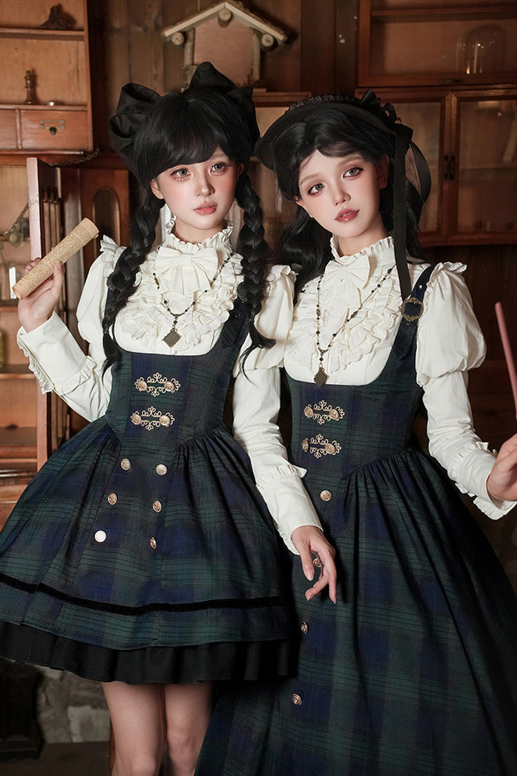 Blue Green Berlin Letter Double-Layered Plaid Print Ruffle Bowknot Classic College Style Lolita Strap Dress Set