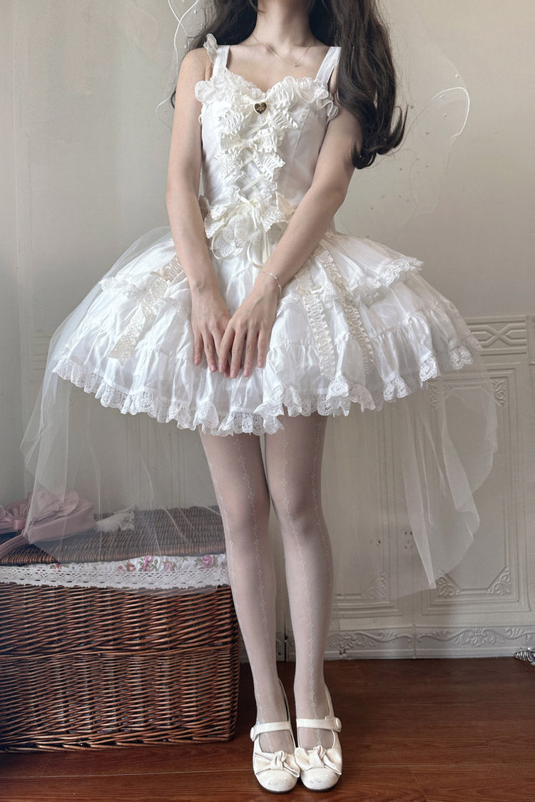 Ivory Ruffle Bowknot Lace-Up Skirt Set - Sweetheart Splolita