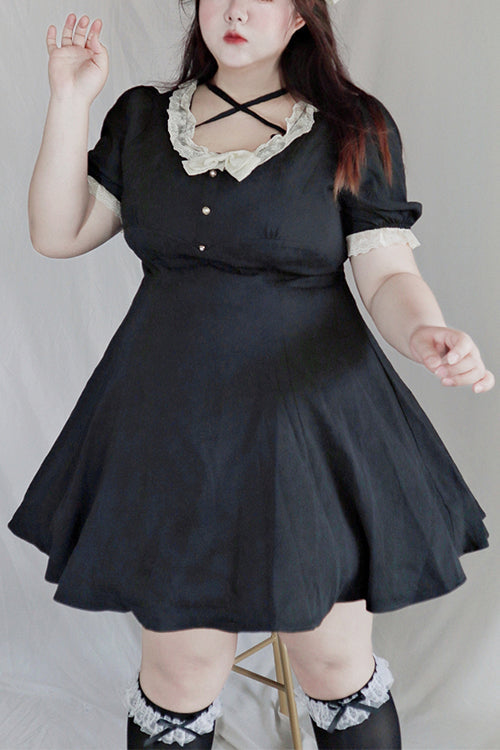 Sweet Lolita Plus-Size Black Lace Round-Collar Short-Sleeve High-Waist Dress